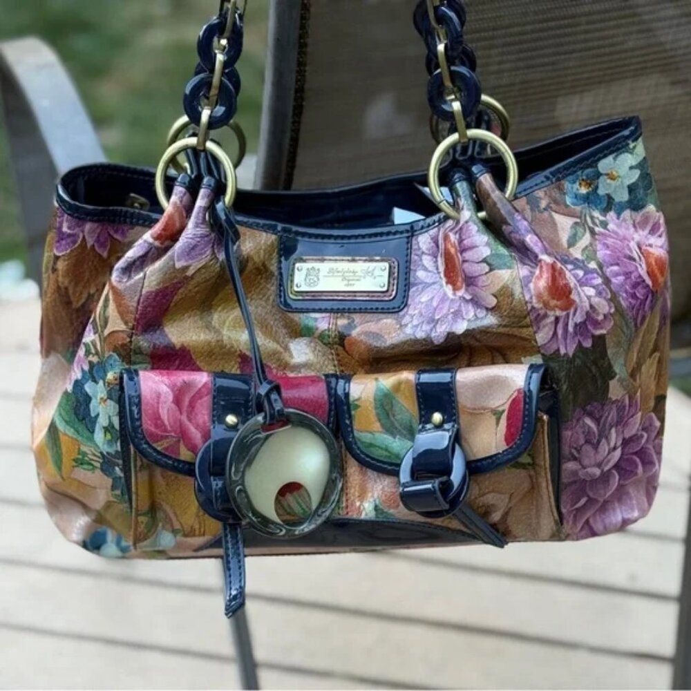 Sharif Floral Shoulder Bag with Patent Leather and Chain Accents